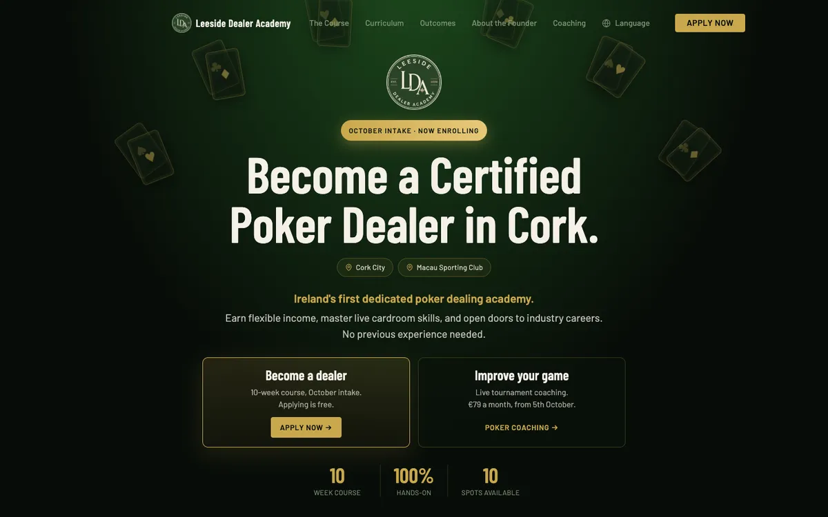 The Leeside Dealer Academy website as it looks live